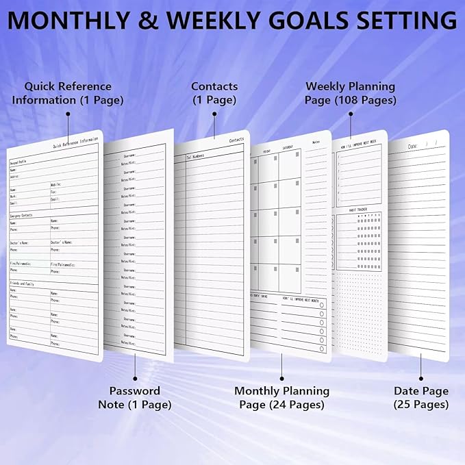 Leather Planner Monthly & Weekly 5.7"x8.5", Undated Productivity & Business Planner, Academic Planner to Boost Productivity, Undated School Planner Notebooks for Women Men with Note Pages