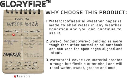 GLORYFIRE Waterproof Notebook Tactical All-Weather Spiral Memo Paper Notepad with Waterproof Grid Paper for Outdoor Activities Recording 3"x5" (10pcs)