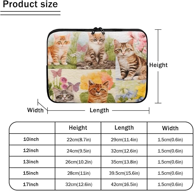 Cat Floral Printed Computer Case Bag for Girls Boys, Washable 17 Inch Laptop Bag Carrying Case Cute Laptop Briefcase Neoprene with Zipper, Compatible with Various Computers