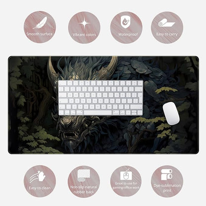 Japan Black Desk Mat Dragon Anime Gaming Mouse Pad Large Desk Pad for Desk Computer Pc Laptop Office Decor for Men, Anime Mouse Keyboard Pad Stitched Edges Non-Slip Rubber Mat Desk Pad, 31.5x15.8 in.