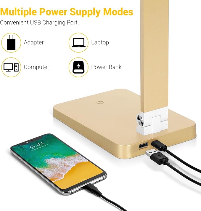 LED Desk Lamp for Home Office, 3 Levels Dimmable Reading Desk Light with USB Charging Port, Desk Accessories Touch Control Table Lamp, Eye-Caring Small Study Lamp for College Dorm Room, Gold, 5000K