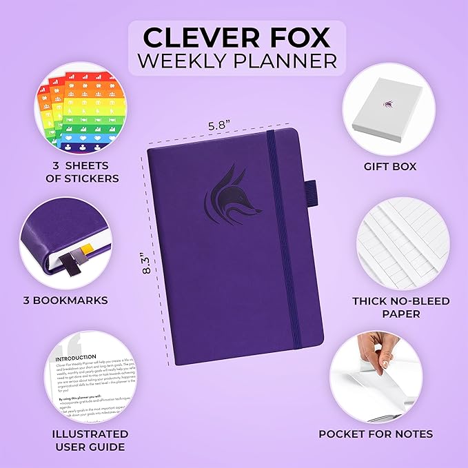Clever Fox Dated Planner 2025-2026 – Weekly Life Planner Notebook for Goal Setting & Time Management – Planner with Habits Tracker, to-do List & Dated Pages – A5, Lasts 1 Year (Purple)