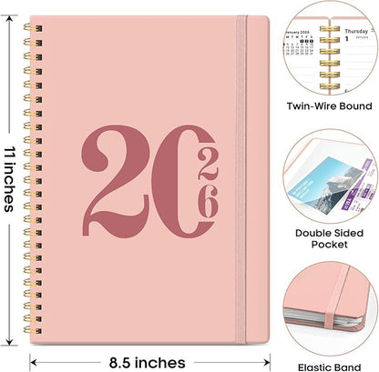 2026 Planner, Weekly and Monthly Calender Planner, Jan 2026 to Dec 2026, Hardcover 2026 Calendar Planner Book with Tabs & Inner Pocket, Office Home School Supplies for Women & Men - A4 (8.5" x 11"), Pink