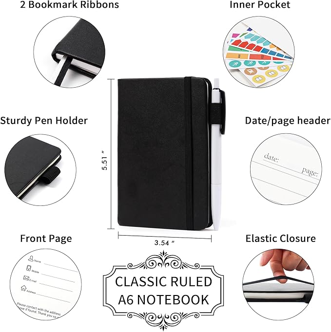 feela 15 Pack Pocket Small Notebooks Bulk, Mini Cute Notepads Hardcover College Ruled Lined Journals with Pen Holder for School Business, with 15 Black Pens, 3.5”x 5.5”, A6, Black Navy Dark Green