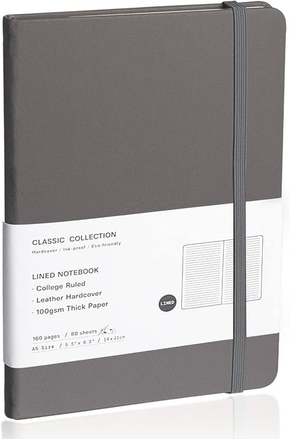 Lined Journal Notebook, (Dark Gray), 160 Pages, Medium 5.7 inches x 8 inches - 100 gsm Thick Paper, Hardcover
