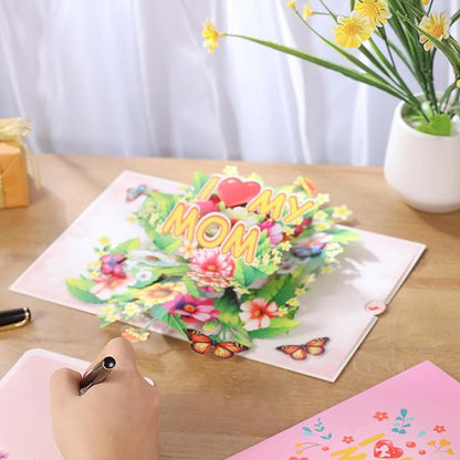 I Love My Mom Pop Up Card Mothers Day, Happy Mothers Day Pop Up Card, 3D Flower and Butterfly Greeting Cards Gift For Mom, Wife, Mother in law All Occasion, 8" X 6" With Envelope and Note Tag