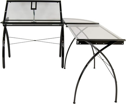 SD STUDIO DESIGNS Futura LS WorkCenter with Tilt Top Adjustable Drafting Table Craft Table Drawing Desk Hobby Table Writing Desk Studio Desk, Black / Clear Glass.