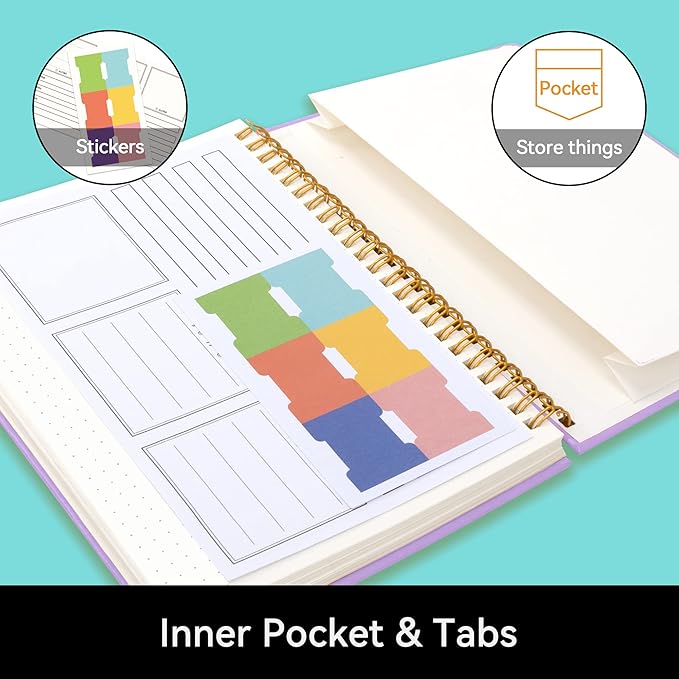 Spiral Dot Grid Notebook Journal, Dotted Paper Notebook, Leather Hardcover Spiral Notebook, ALLTREE Twin Wire Spiral Bound Notebook with Pen Loop, Pocket, Stickers, 160 Pages, Journal for Women & Men, Purple(6"x8.5")