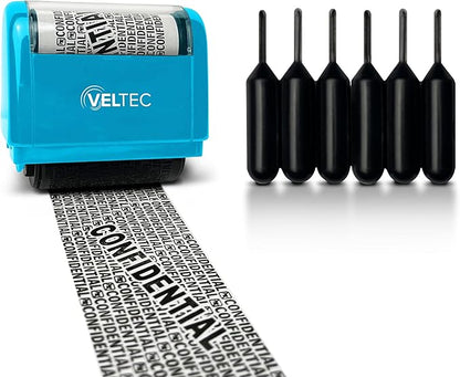 Veltec ID Protector Ink Roller - Identity Theft Protection Roller Stamp Set (Blue, Stamp+6 Refills)