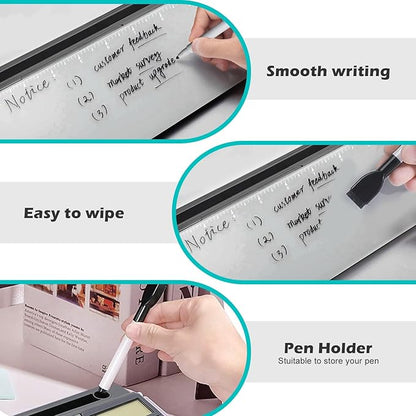 Desktop Glass Whiteboard with Calculator(12 Digit LCD Display) & Ruler Marker,Tilted Notepad Computer Keyboard Stand with Dry Erase Board Surface, Desk Organizers with Accessories,Gray