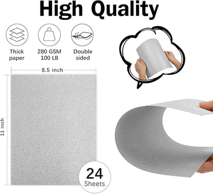 Double-Sided Silver Glitter Cardstock 8.5x11 24 Sheets, Goefun 100lb No-Shed Shimmer Glitter Paper for Scrapbook, Birthday, Wedding Party, Decorations (Not Suitable for Printing)