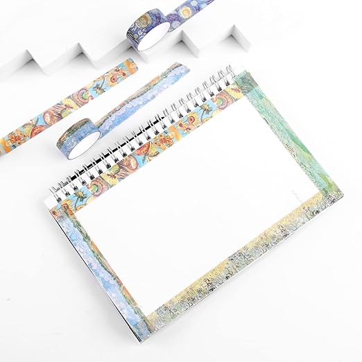 Lychii Washi Tape Set, 12 Rolls Gold Foil Van Gogh Oil Painting Patterns 5M/16.4Ft Long Decorative Masking Tapes for Planners, Calendar, Scrapbook, Journal - 15 mm