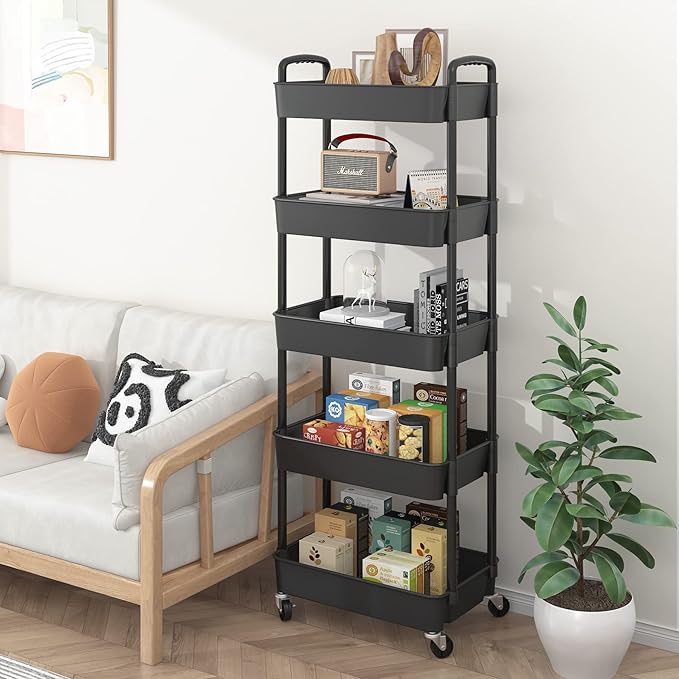 Sywhitta 5-Tier Plastic Rolling Utility Cart with Handle, Multi-Functional Storage Trolley for Office, Living Room, Kitchen, Movable Storage Organizer with Wheels, Black