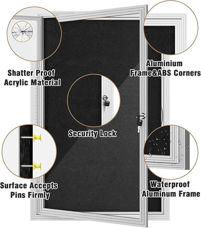 36"x24" Enclosed Bulletin Board, Outdoor Lockable Weather-Resistant Aluminum Cork Noticeboard for School & Office, Silver Frame w/Black Flet