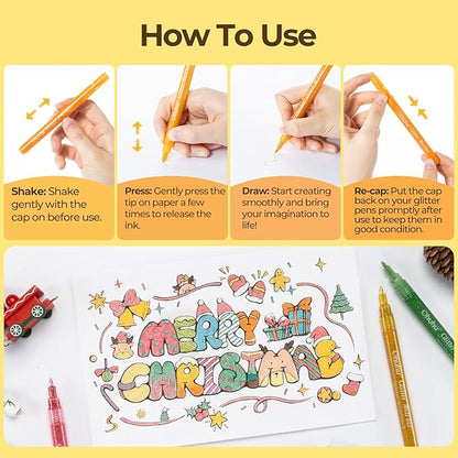 Ohuhu Glitter Markers Pen 24 Glitter Colors Fine Point Tip Water-based Metallic Shimmer Markers for Kids Adults DIY Crafts Greeting Birthday Cards Drawing Coloring Poster Album Scrapbooking Mugs Wood