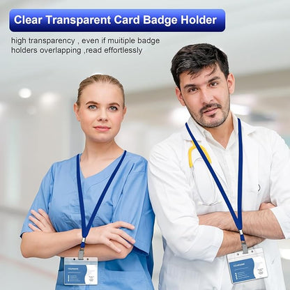 100 Pcs Lanyards for ID Badges and 100 Pcs Clear Name Tag Holders Reusable Lanyard with Clip Plastic ID Card Badge Holder Name Badges for Adults Kids Business School Office Supplies (Dark Blue)
