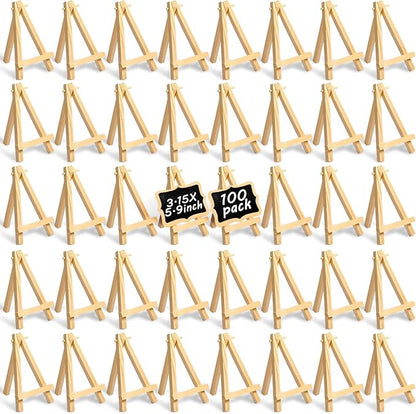100 Pieces Mini Wood Easel Stands Small Wooden Canvas Easels Display Art Craft Tripod Painting Tabletop Holder for Artist Crafts, Business Cards, Photos, Gift(6 Inch)