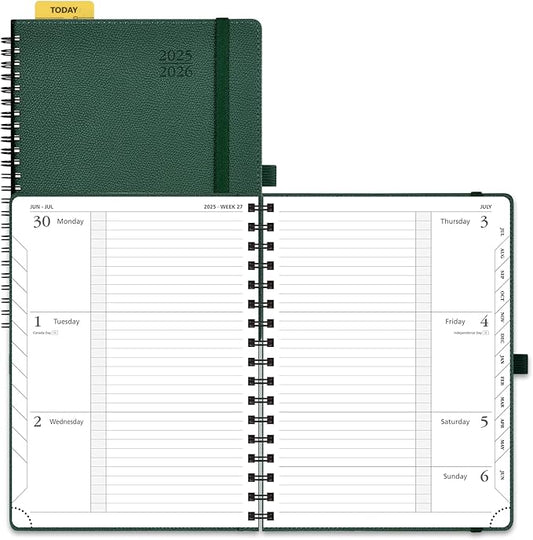 POPRUN Planner 2025-2026, Horizontal Weekly Notebook Jul.25-Jun.26 (Medium 6.75''x 8.75''), Academic Calendar Book with Monthly Tabs, Spiral Soft Cover, Inner Pocket, 100 GSM - Army Green