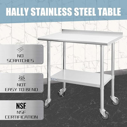 HALLY Stainless Steel Table for Prep & Work 24 x 36 Inches with Caster Wheels, NSF Commercial Heavy Duty Table with Undershelf and Backsplash for Restaurant, Home and Hotel