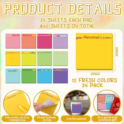Yinder 24 Pcs Inspirational Sticky Notes with Lines Cute Motivational Sticky Notes Pad Employee Appreciation Gifts Bulk for Teacher Nurse Coworkers Office Supplies 3 x 3''(Classic Color,Thank You)
