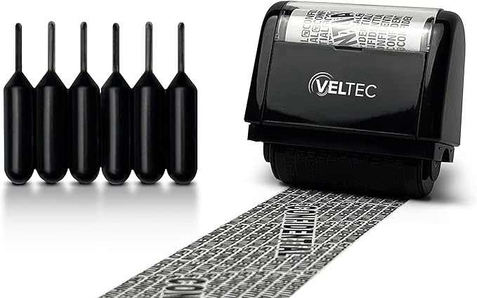 Veltec ID Protector Ink Roller - Identity Theft Protection Roller Stamp Set (Black, Stamp+6 Refills)