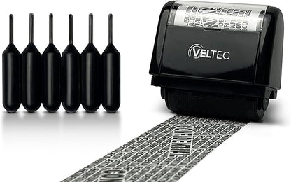 Veltec ID Protector Ink Roller - Identity Theft Protection Roller Stamp Set (Black, Stamp+6 Refills)