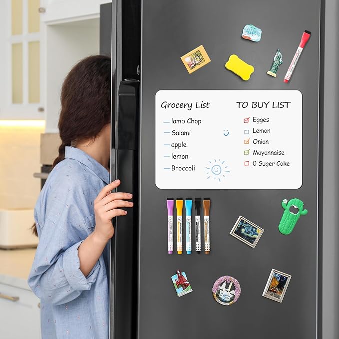6 Pack Magnetic Dry Erase Board Sheet for Fridge, 12"x8" Erasable Refrigerator WhiteBoard w/ 6 Markers & 1 Eraser- Smooth and Flexible Small Magnet Blank Notepad for Home Kitchen Organizer and Planner