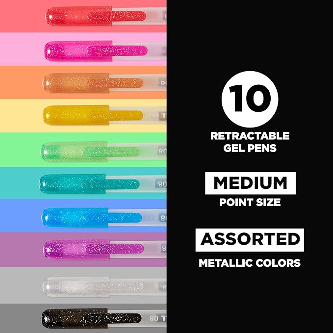 SAKURA Gelly Roll Retractable Gel Pens Colored - Metallic Gel Pens - 08 Medium Point Ink Pen for Journaling, Art, or Drawing - Gel Pens with Assorted Colored Ink - 10 Pens