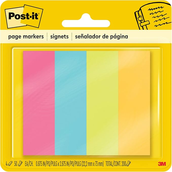 Post-it Page Markers, Assorted Colors, 1 in x 3 in, 50 Sheets/Pad, 4 Pads/Pack (671-4AU)