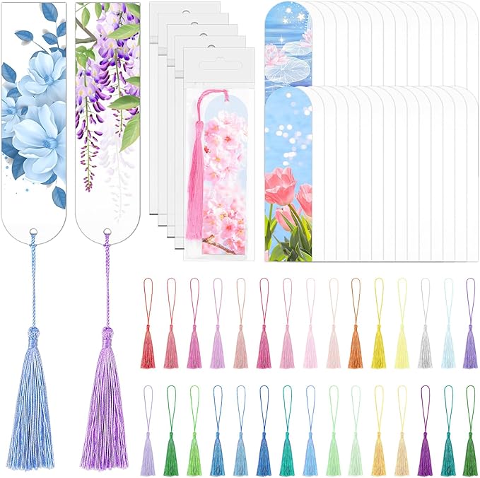 Sublimation Bookmark Blank Double Sided - 30Pcs Metal Bookmark Blanks Bulk + 30 Colors Bookmark Tassels + 30Pcs PVC Self-Sealing Bags, Bookmark Making Kit, for DIY Bookmarks, Book Lovers, Crafts