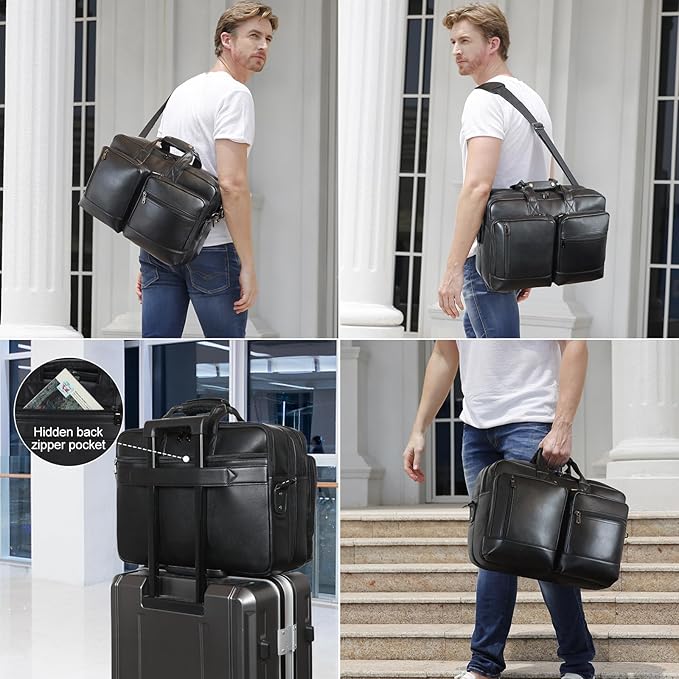 Leather Briefcase for Men Expandable Large 17 Inch Laptop Crossbody Shoulder Bag Business Travel Duffel Attache Case