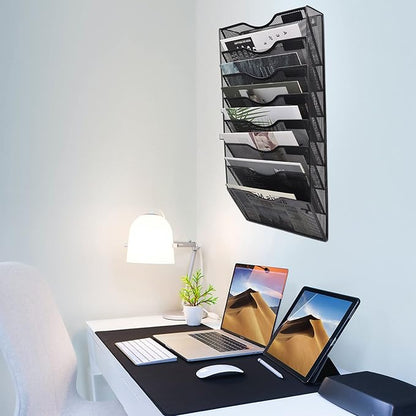 EASEPRES 8 Pockets Mesh Wall File Holder Organizer Office Hanging Magazine Rack, Black