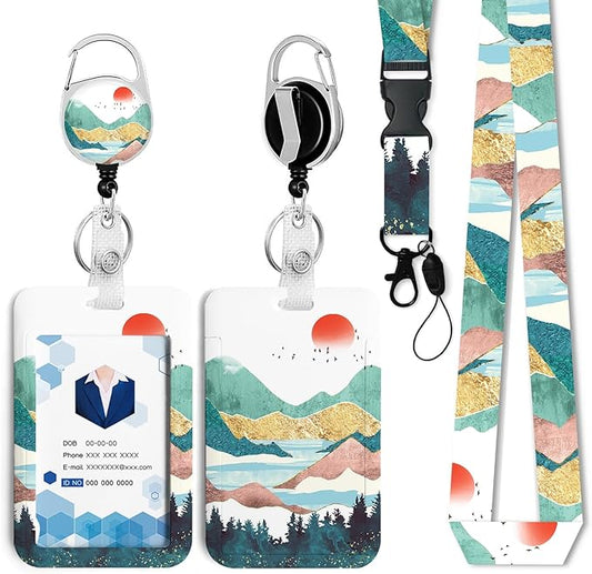 Mountain Badge Holder with Retractable Reel and Breakaway Lanyard，Badge Clips Retractable Heavy Duty Badge Reel，Keychain，ID Holder with Breakaway Lanyard for School Nurse Office