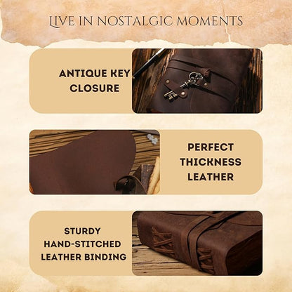 Fausta Vintage Handcrafted Leather Journal with Key for Writing, 240 Pages 7 x 5 inches, Deckled Cotton Paper Notebook/Diary for Men and Women 150 GSM Drawing/Sketchbook, Rustic Brown