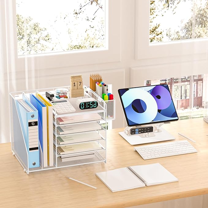 Desk Organizer, 6 Tier File Organizer Paper Tray with File Holder Pen Holder, Mesh Office Desk Accessories & Workspace Organizers (White)