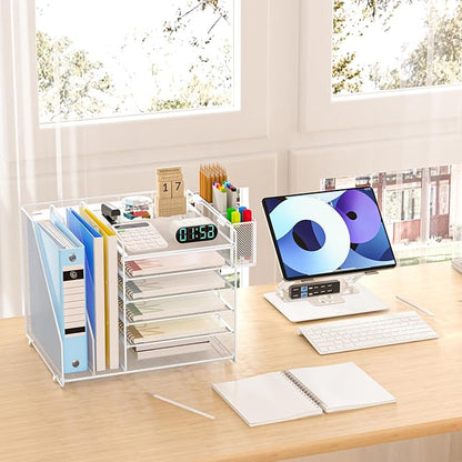 Desk Organizer, 6 Tier File Organizer Paper Tray with File Holder Pen Holder, Mesh Office Desk Accessories & Workspace Organizers (White)