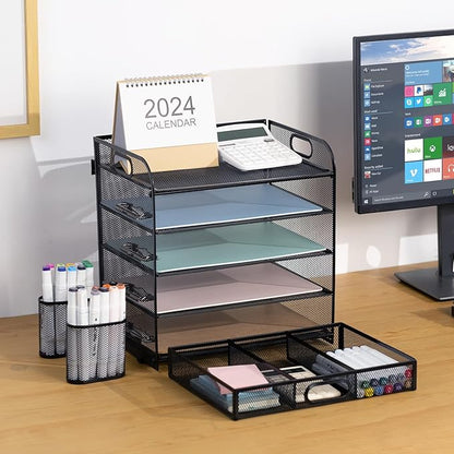 5-Tier Letter Tray Desk Organizer with Drawer and Pen Holder, Mesh File Organizer with Handle, Office Supplies Document Paper Sorter Desk Organization for Home Office, Black