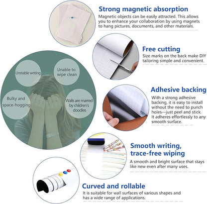 Magnetic White Board Film, 38" x 19" Dry Erase Board for Wall, Self Adhesive Whiteboard Paper Set for Office, Conference Room, Classroom, Home, Include Marker, Magnetic Eraser and Magnets