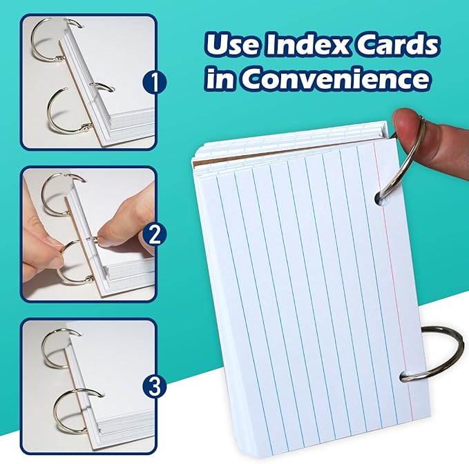 Olivo Index Card Binder Refills, White 3x5 Lined Index Cards with Ring, 2 Holes Punched, 100 Count