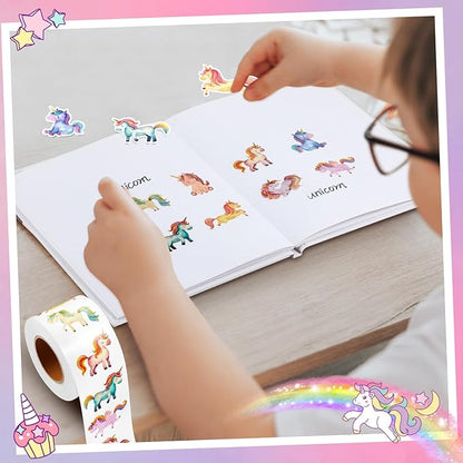 1 Roll Animal Stickers Reward Cute Space Stickers Office Supplies Incentives Sticker Animal Party Favor Decal, 500 Pcs Each Roll(Rainbow Horse)