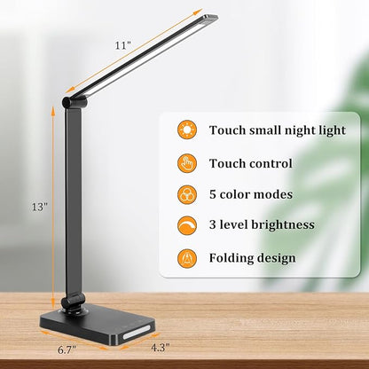 LED Desk Lamp with USB Ports,Touch Desk Lamps for Home Office with 5 Color Modes,3 Brightness Desk Light with Small Night Light,Reading Lamp Table Lamp for Bedroom Bedside Study Black （with adapter）