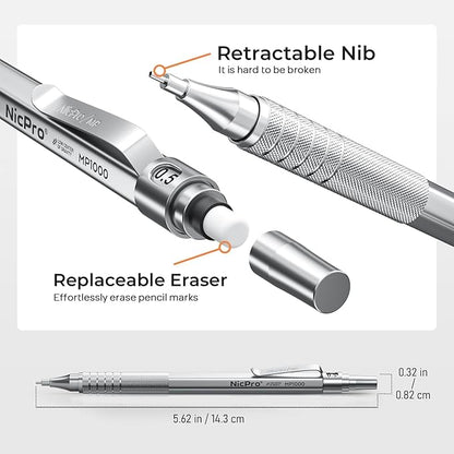 Nicpro 2 PCS Mechanical Pencils 0.5mm & 0.7 mm with Case, MP1000 Metal Artist Pencil Set with 6 Tubes HB Lead Refills, 3 Erasers, 9 Eraser Refills For Art Writing Drafting Drawing, Black & Silver