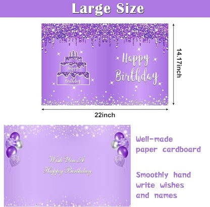 Zirtorei Jumbo Birthday Card with Envelope, Giant Guest Book Happy Birthday Greeting Cards for Women, Large Birthday Card Gifts Party Supplies, Purple Silver Extra Big Birthday Card Decor
