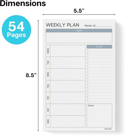 Dunwell Weekly Planner Pads 5.5x8.5, 2-Pack, Each with 54 Tear-Off Pages, Small To Do List Planner, Weekly Schedule Planner Pad, Undated Weekly Planning Desk Pad with To Do List, Goals, Notes