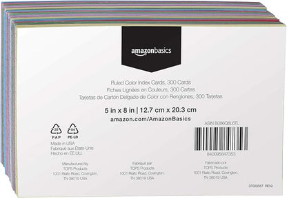 Amazon Basics Ruled Color Index Cards, 300 Count/Cards, Assorted, 5 x 8 in