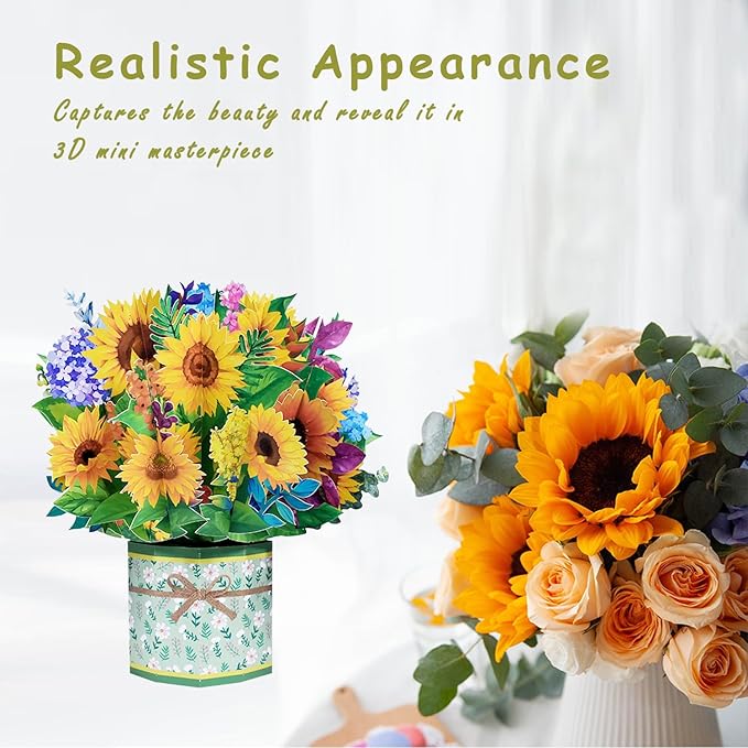 Sunflower Bouquet Pop Up Card, 3D Flower Greeting Card with Envelopes for Any Occasion, Birthday, Mother's Day, Anniversary, Valentines Day, Handmade Gifts, Foldable Flower Cards for Friends