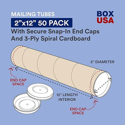 BOX USA Cardboard Tubes with Caps, 12"L x 2"W x 2"H, Pack of 50 | Poster Tube for Mailing and Storage of Blueprints, Artwork, Crafts, Long Art Holder, 12 inches