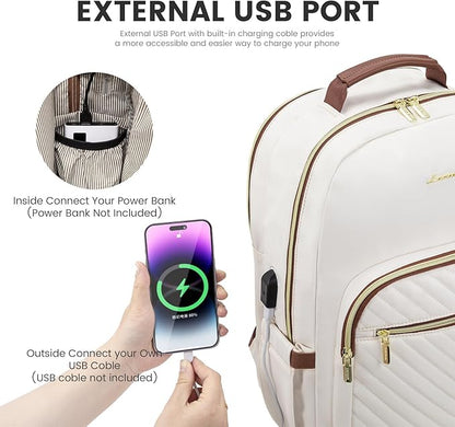 LOVEVOOK Laptop Backpack for Women 15.6 inch,Cute Womens Travel Backpack Purse,Professional Laptop Computer Bag,Waterproof Work Business College Teacher Bag Carry on Backpack with USB Port,White Brown