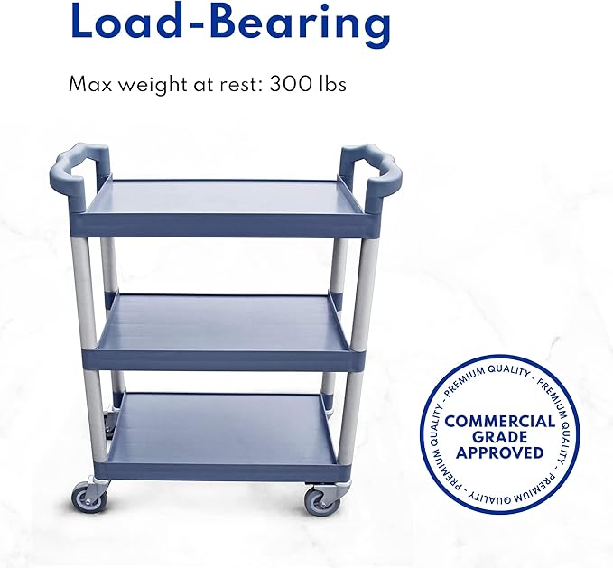 New Star Foodservice 54569 350-Pound Plastic 3-Tier Utility Bus Cart with Locking Casters, 42.5 "x19.5" x 38.5", Gray