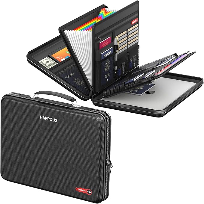 Fireproof File Folder, Expanding File Organizer with 13 Pockets, Portable Fireproof Document Box Hard-Shell Document Organizer Storage for Documents Laptop Passports Cards Black